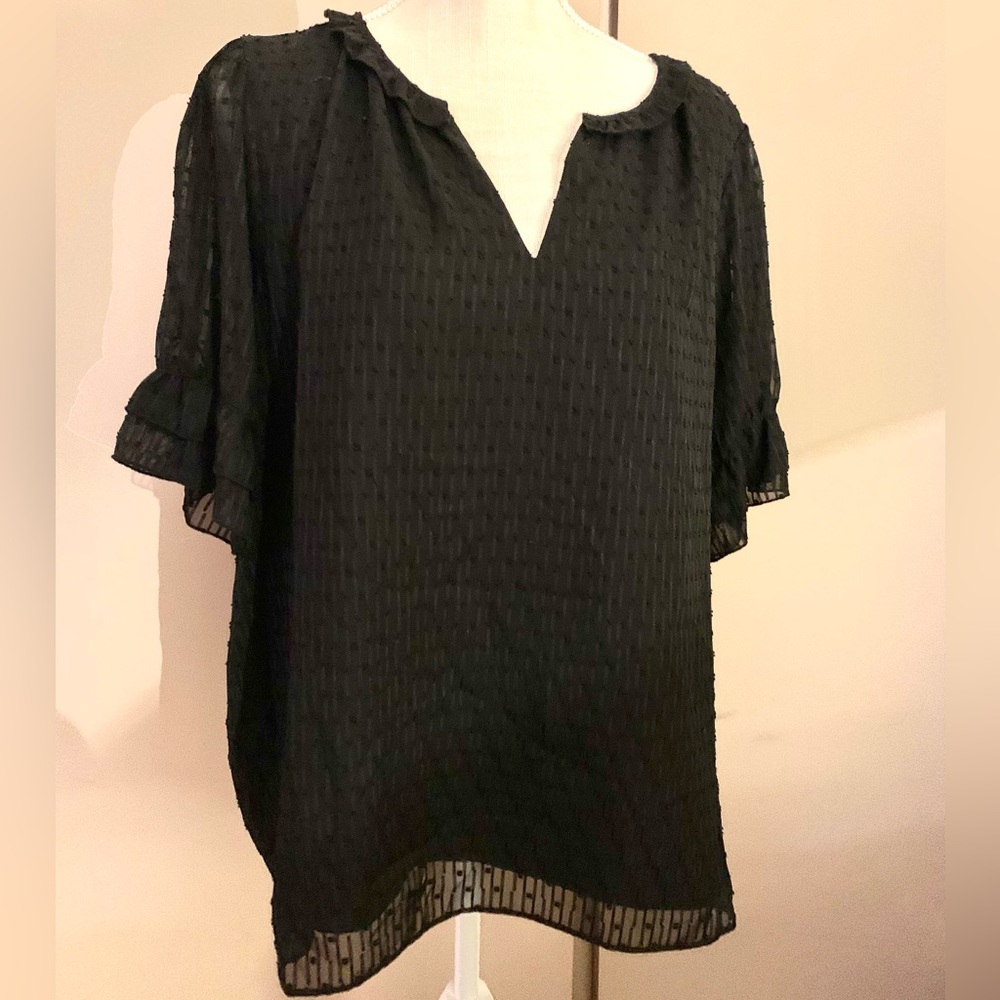 NWOT Kaari Blue Black Textured Ruffle-Sleeve Blouse - Picture 3 of 7